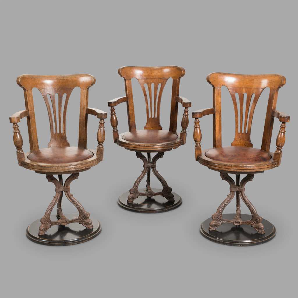 Three Oak Swivel Ocean Liner Chairs, XIXth C.