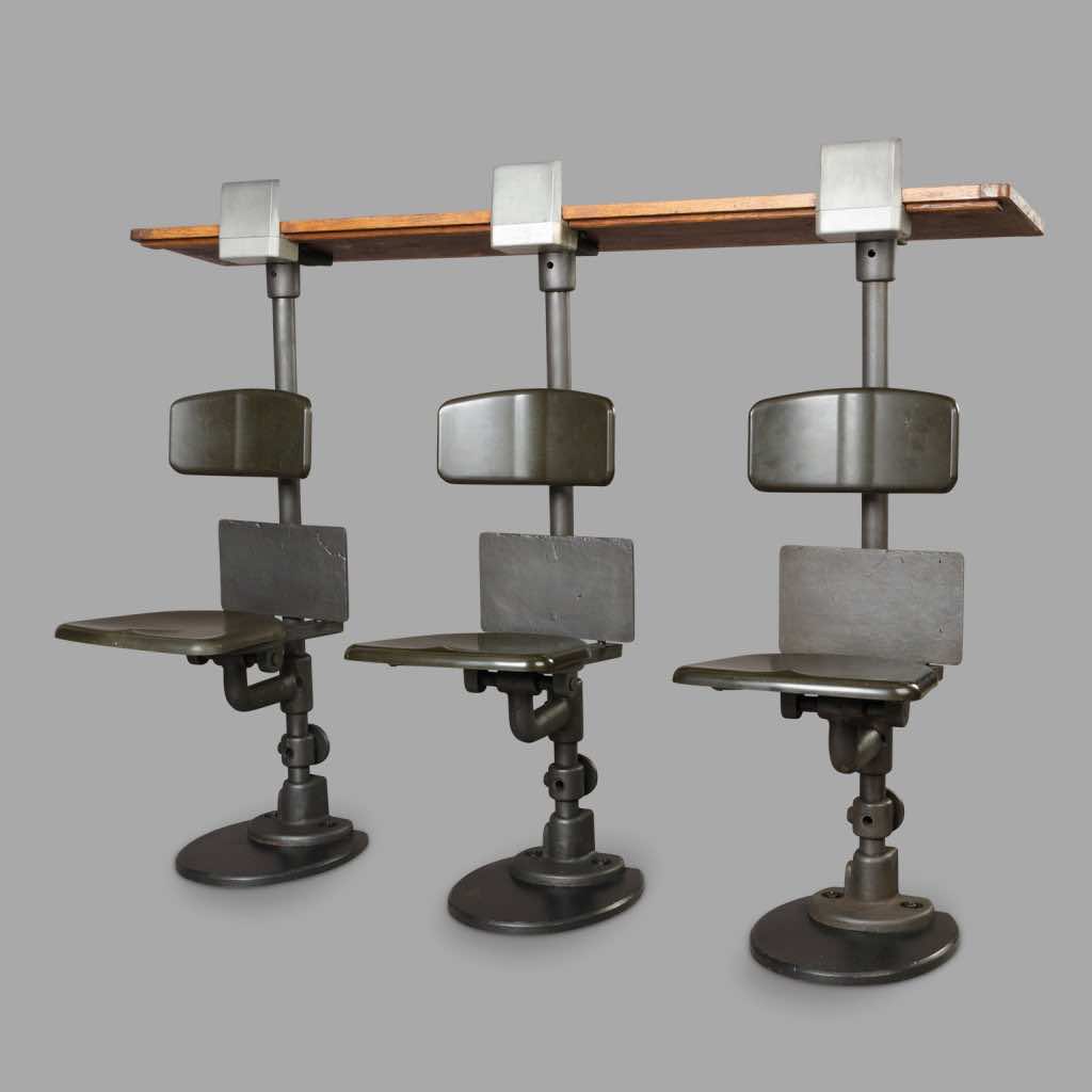 Three Amphitheater Folding Seat with Oak Shelf, circa 1930