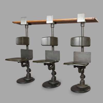 Three Amphitheater Folding Seat with Oak Shelf, circa 1930