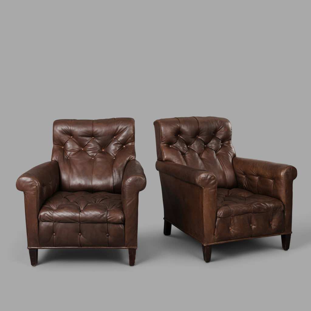 Pair of Early 20th Century Tufted Leather Armchairs