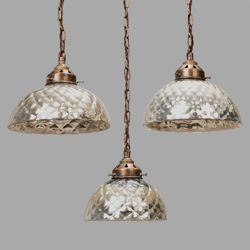 Three Blown Silver Mercury Quilted Glass Pendants, c. 1920