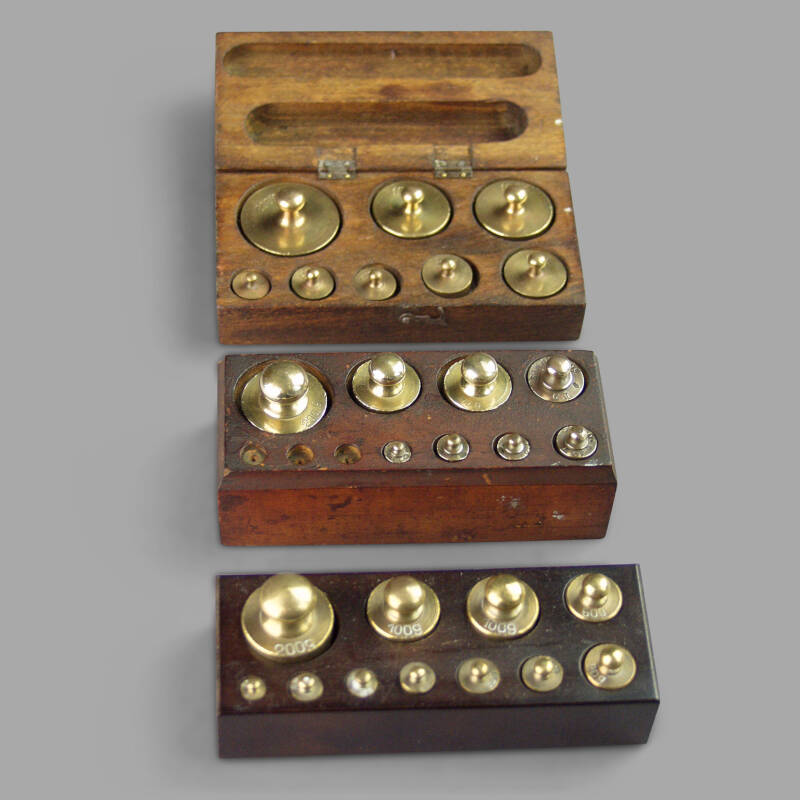 Apothecary Brass Scale Weight Set on Wooden Base