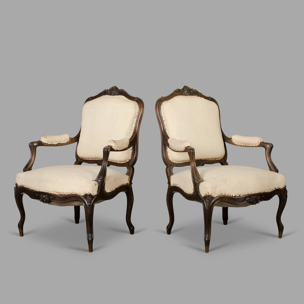 Pair of Louis XV Style Walnut Armchairs