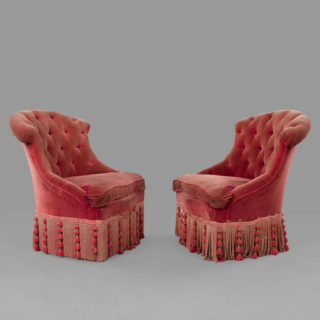 Pair of Napoleon III Crapaud Armchairs Upholstered in Pink Velvet.