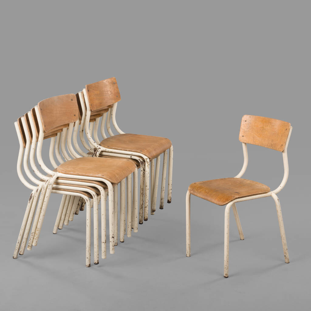 Set of 10 chairs in white tubular steel and moulded plywood, c. 1940.