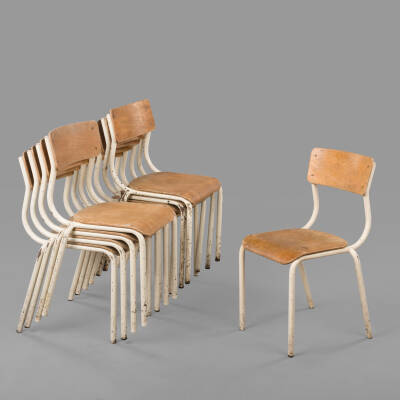 Set of 10 chairs in white tubular steel and moulded plywood, c. 1940.